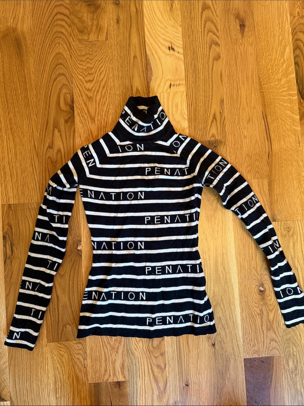 P.E Nation Black and White Striped Logo Turtleneck Long Sleeve Top